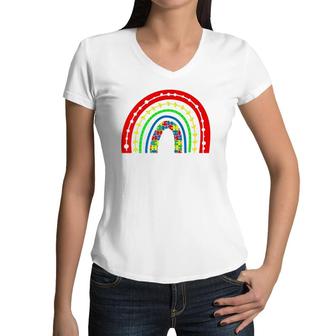 Kids Boho Rainbow Puzzle Piece Autism Awareness Autistic Love Women V-Neck T-Shirt | Mazezy