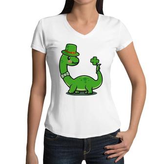 Kid's Dinosaur Shamrock St Patrick's Day For Kids Boys Girls Women V-Neck T-Shirt | Mazezy