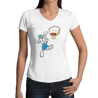Kids Easter Egg Hunt Bunny Dunk Slam Basketball Game Women V-Neck T-Shirt | Mazezy