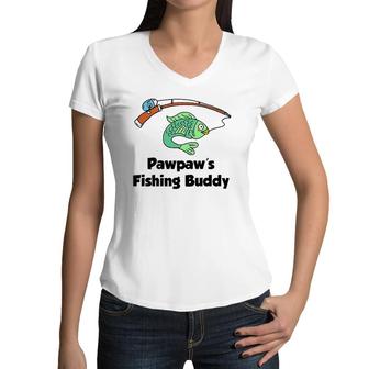 Kids Pawpaw's Fishing Buddy Grandson Or Granddaughter Fish Women V-Neck T-Shirt | Mazezy