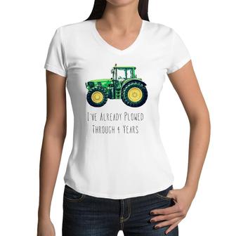 Kids Plowed Through 4 Years Green Tractor Boy Birthday Party Women V-Neck T-Shirt | Mazezy