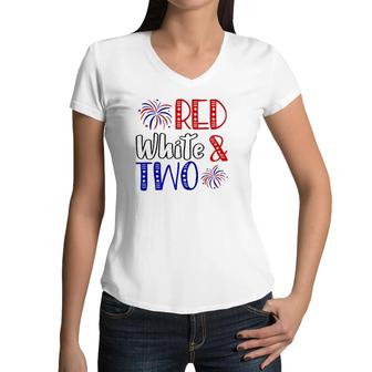 Kids Red White & Two 2Nd Birthday 4Th Of July Independence Day Women V-Neck T-Shirt | Mazezy