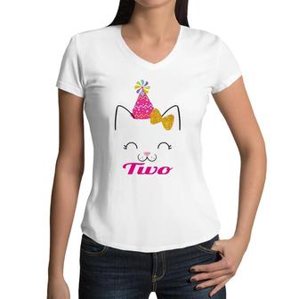 Kids Two 2 Years Old 2Nd Birthday Girl Kitty Cat Theme Women V-Neck T-Shirt | Mazezy