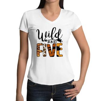 Kids Wild Five 5Th Birthday Boy Girl Fifth Bday 5 Years Old Women V-Neck T-Shirt | Mazezy