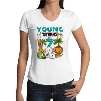 Kids Young Wild And 7 - 7Th Birthday Safari Zoo Animal Jungle Women V-Neck T-Shirt | Mazezy