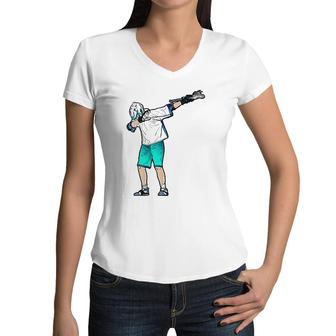 Lacrosse Stick Boy Dabbing Youth Dab Dance Gift Women V-Neck T-Shirt | Mazezy