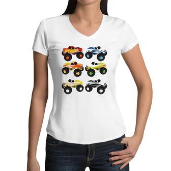 Little Boys Monster Trucks Pickup Truck Funny School Gift Women V-Neck T-Shirt | Mazezy