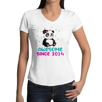 Panda Bear Girl Birthday Gift Love Awesome Since 2014 Ver2 Women V-Neck T-Shirt | Mazezy