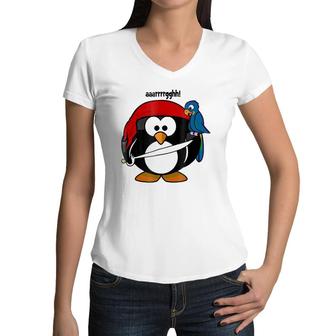 Penguin Pirate With A Parrot - Kids Or Adults Women V-Neck T-Shirt | Mazezy