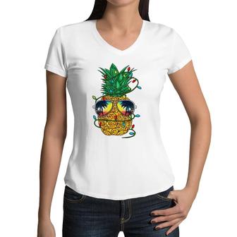 Pineapple Christmas Sunglasses Xmas Lights Boys Women V-Neck T-Shirt | Mazezy