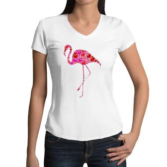 Pink Red Heart Valentine's Day Gift For Women Girls Flamingo Women V-Neck T-Shirt | Mazezy