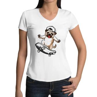 Pug Dog Skater Skateboarder Skateboarding Gray Boys Girls Women V-Neck T-Shirt | Mazezy