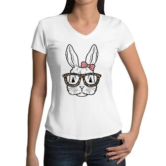 Rabbit Bunny Wearing Leopard Glasses Cute Easter Girls Women Tank Top Women V-Neck T-Shirt | Mazezy