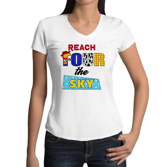 Reach Four The Sky 4Th Birthday Toy Lover Cowboy Bday Funny Women V-Neck T-Shirt | Mazezy