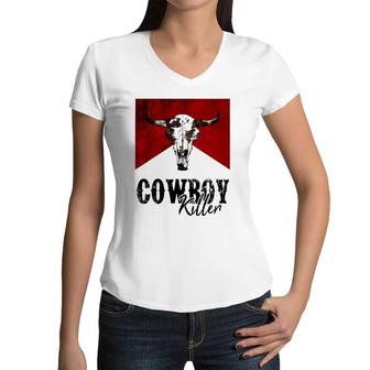 Retro Cow Skull Cowboy Killer Western Country Cowgirl Gift Women V-Neck T-Shirt | Mazezy