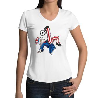 Soccer 4Th Of July Kids Boys Uncle Sam American Flag Women V-Neck T-Shirt | Mazezy