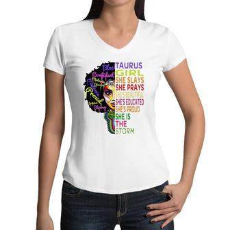 Taurus Girl She Slays And Prays February May Birthday Gift Women V-Neck T-Shirt | Mazezy