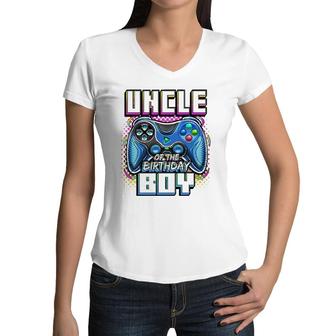 Uncle Of The Birthday Boy Matching Video Game Birthday Party Women V-Neck T-Shirt | Mazezy