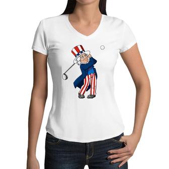 Uncle Sam Golfing 4Th Of July Patriotic Boys Kids Teens Golf Women V-Neck T-Shirt | Mazezy