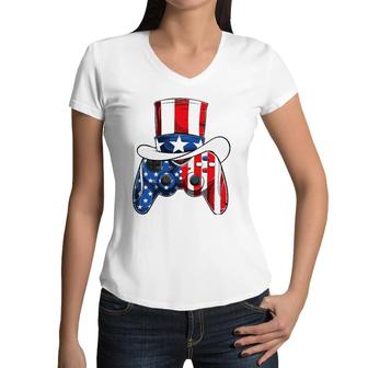 Video Game 4Th Of July Controller American Flag Kids Boys Women V-Neck T-Shirt | Mazezy