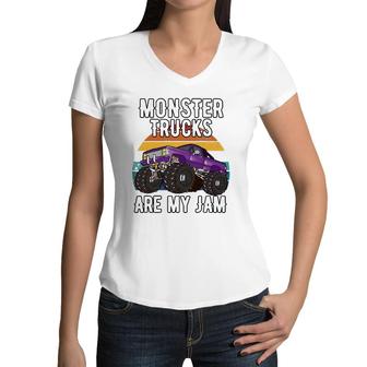 Vintage Monster Truck Are My Jam Boys Girls Birthday Gift Women V-Neck T-Shirt | Mazezy