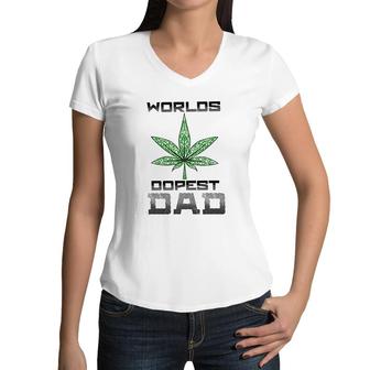 Weed Worlds Dopest Dad Funny Leaf Casual For Men Women Leaf Women V-Neck T-Shirt - Seseable