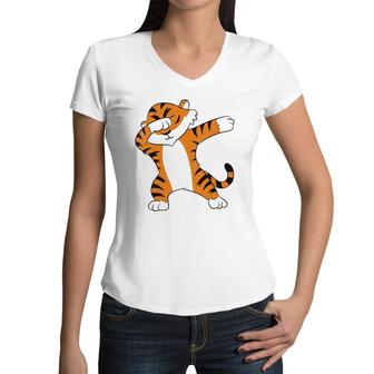 Womens Dabbing Tiger Funny Boy Girl Tiger Children Tiger Dab Women V-Neck T-Shirt | Mazezy