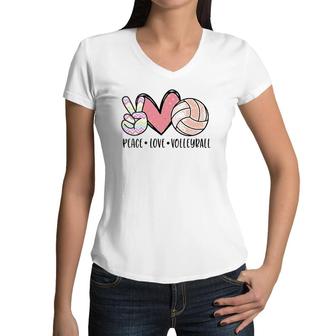 Womens Peace Love Volleyball Cute Design For Women Teen Girls V-Neck Women V-Neck T-Shirt | Mazezy