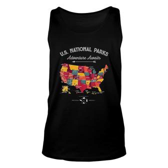 62 National Parks Map Gifts Us Park Vintage Camping Hiking Art Unisex Tank Top - Thegiftio UK