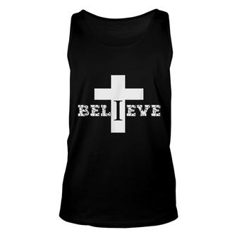 Believe Christian Saying With Cross Unisex Tank Top | Mazezy