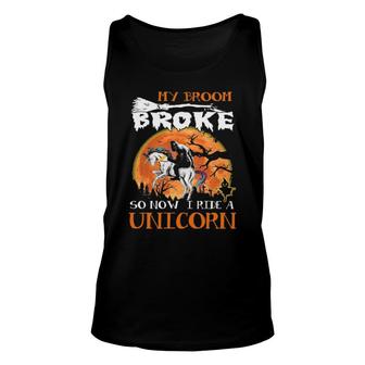 Bigfoot My Broom Broke So Now I Ride A Unicorn Halloween Unisex Tank Top | Mazezy
