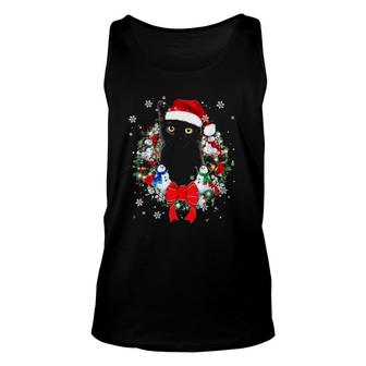 Black Cat With Santa Hat Christmas Wreath Snowflake Snowman Decoration Tank Top | Mazezy