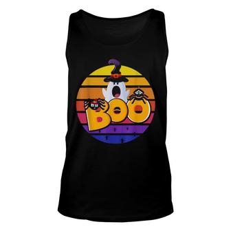 Boo With Cute Spiders And Witch Hat Halloween Sunset Retro Unisex Tank Top | Mazezy
