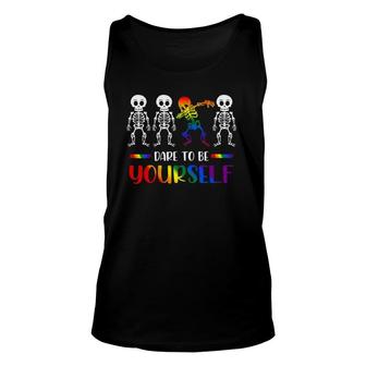 Dare To Be Yourself Cute Lgbt Pride Gift Dabbing Skeleton Unisex Tank Top | Mazezy