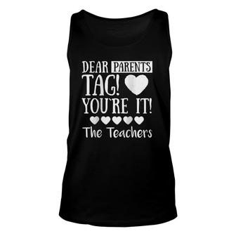 Womens Dear Parents Tag You're It The Teachers Raglan Baseball Tee Tank Top | Mazezy UK