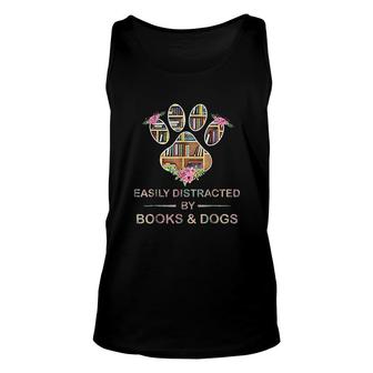 Easily Distracted By Books And Dogs Lover Paw Books Unisex Tank Top - Thegiftio UK