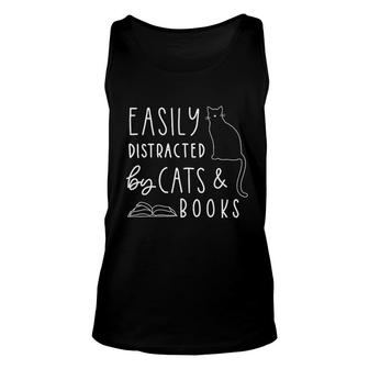 Easily Distracted Cats And Books Funny Gift For Cat Lovers V2 Unisex Tank Top - Thegiftio UK