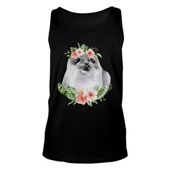 Floral Harp Seal With Tropical Hawaii Flowers Baby Sea Lion Tank Top | Mazezy