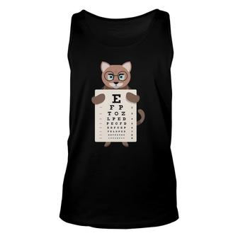 Funny And Cute Cat With Glasses Holding An Eye Chart Unisex Tank Top | Mazezy