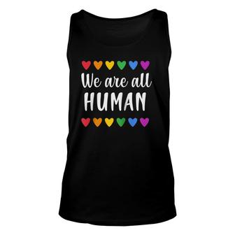 We Are All Human With Rainbow Hearts For Gay Pride Raglan Baseball Tee Tank Top | Mazezy