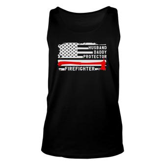 Mens Husband Daddy Protector Firefighter American Flag Fireman Tank Top | Mazezy