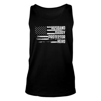 Mens Husband Daddy Protector Hero Us Flag Veteran Fathers Day Tank Top | Mazezy