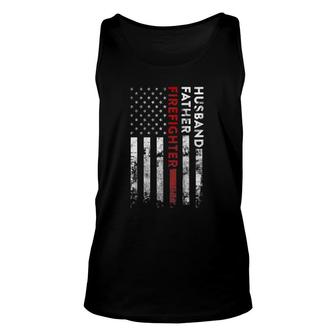 Husband Father Firefighter Thin Red Line American Flag Unisex Tank Top | Mazezy
