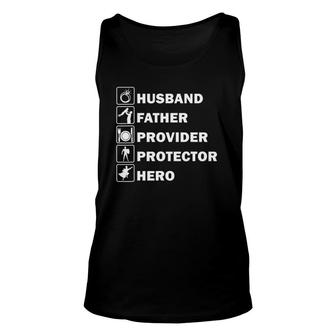 Husband Father Provider Protector Hero Fathers Day Gift Unisex Tank Top | Mazezy