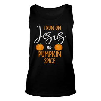 I Run On Jesus And Pumpkin Spice Or Turkey Trot Unisex Tank Top | Mazezy UK