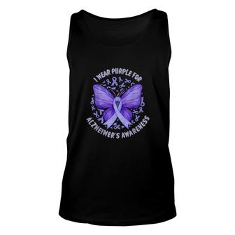 I Wear Purple For Alzheimers Awareness Purple Butterfly Unisex Tank Top | Mazezy
