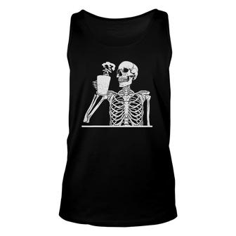 Iced Coffee Skeleton Drinking Funny Halloween Skull Vintage Unisex Tank Top | Mazezy