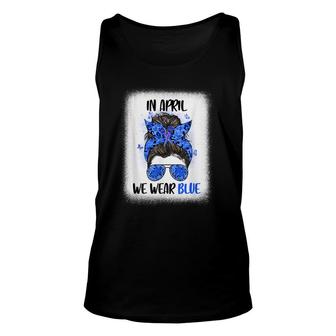 In April We Wear Blue Messy Bun Lunch Lady Autism Awareness Unisex Tank Top - Thegiftio UK