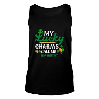 Irish St Patricks Day My Lucky Charms Call Me Shop Assistant Job Title Tank Top | Mazezy