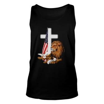 Jesus Lion Usa Flag Religious Picture Patriotic Christian Unisex Tank Top | Mazezy